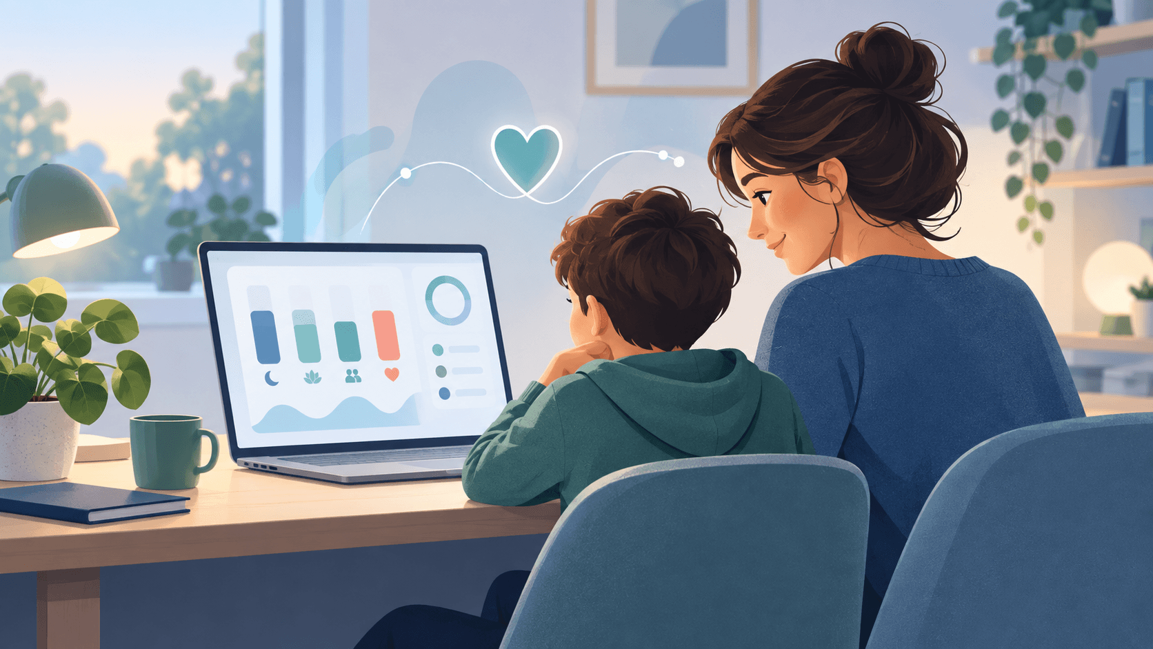 A parent and child reviewing a calm digital wellbeing dashboard together